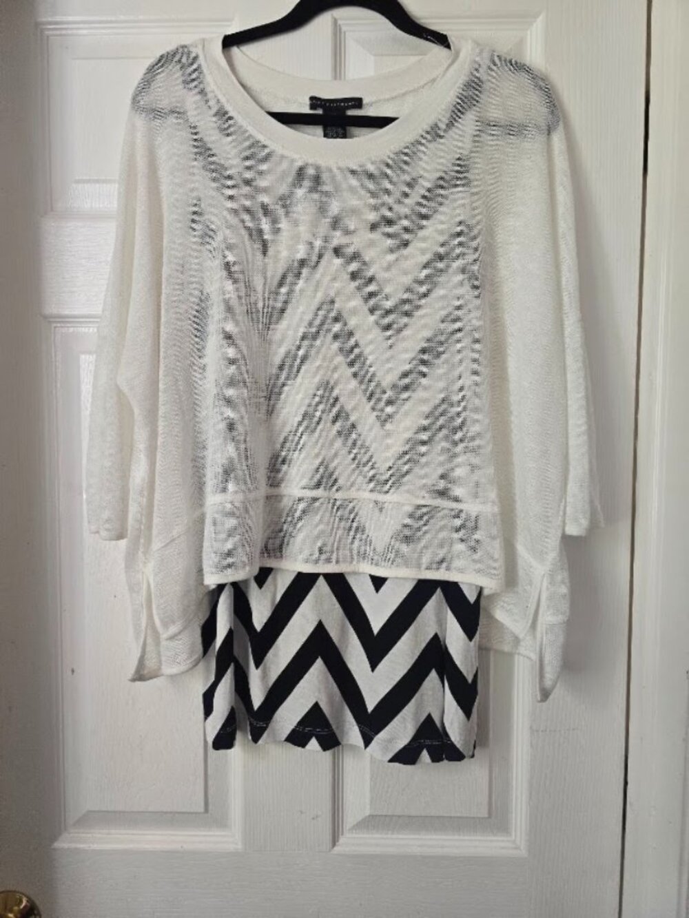 Grace Elements Women’s Medium White Sheer Knit Layered Chevron Tunic Top NWOT